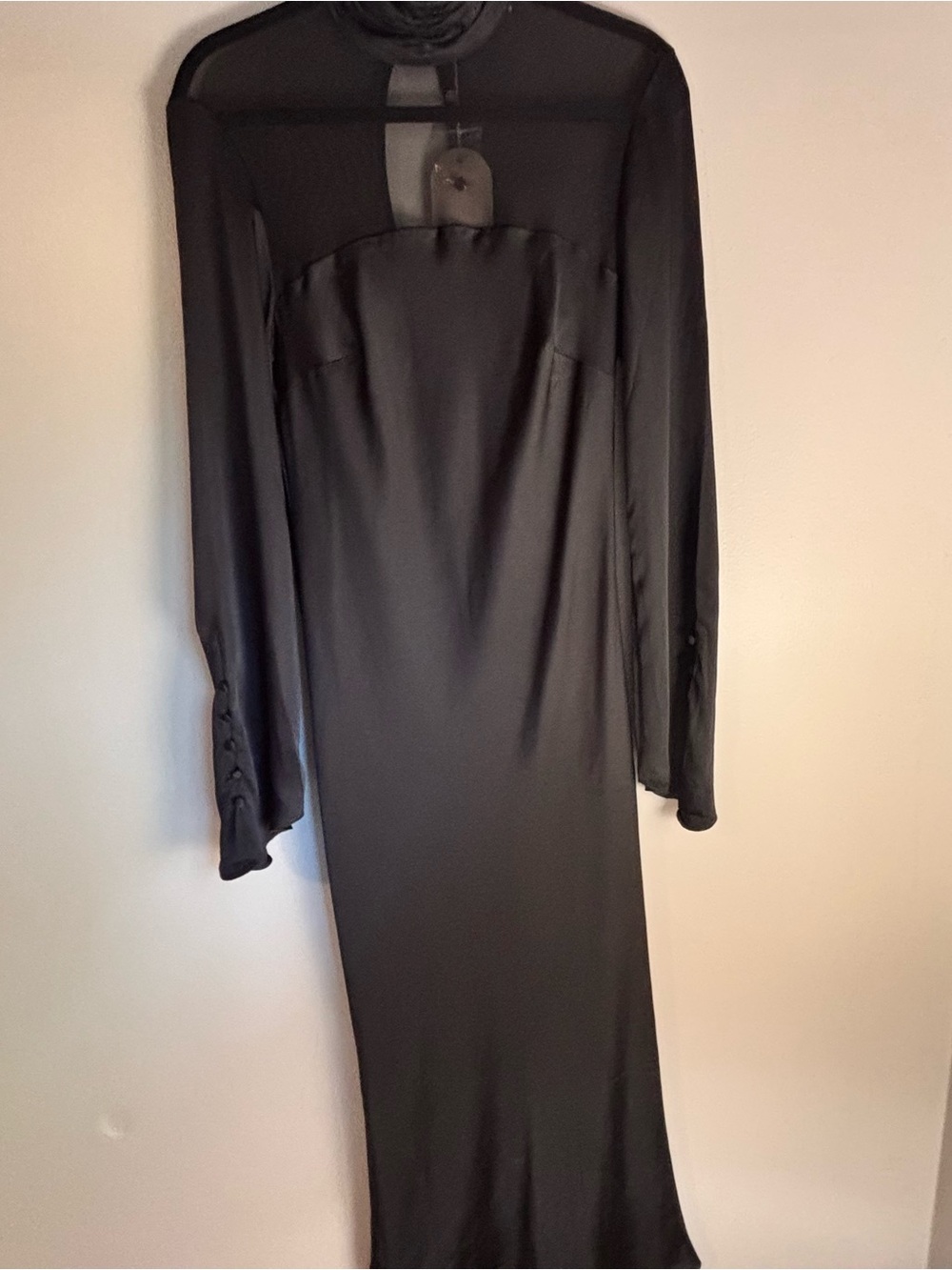 NWT Meshki Black Long-Sleeve High Neck Satin Patricia Evening Dress XS